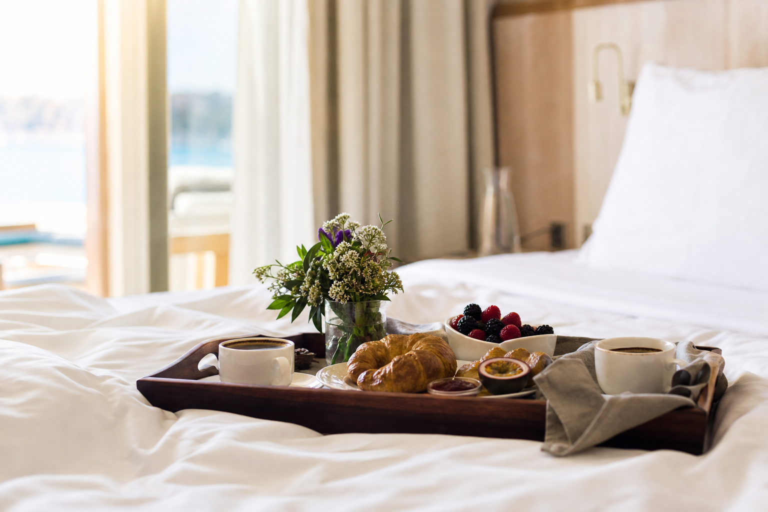 Plateau de petit-déjeuner avec croissants, fruits et deux cafés posé sur un lit en lin blanc dans une suite lumineuse