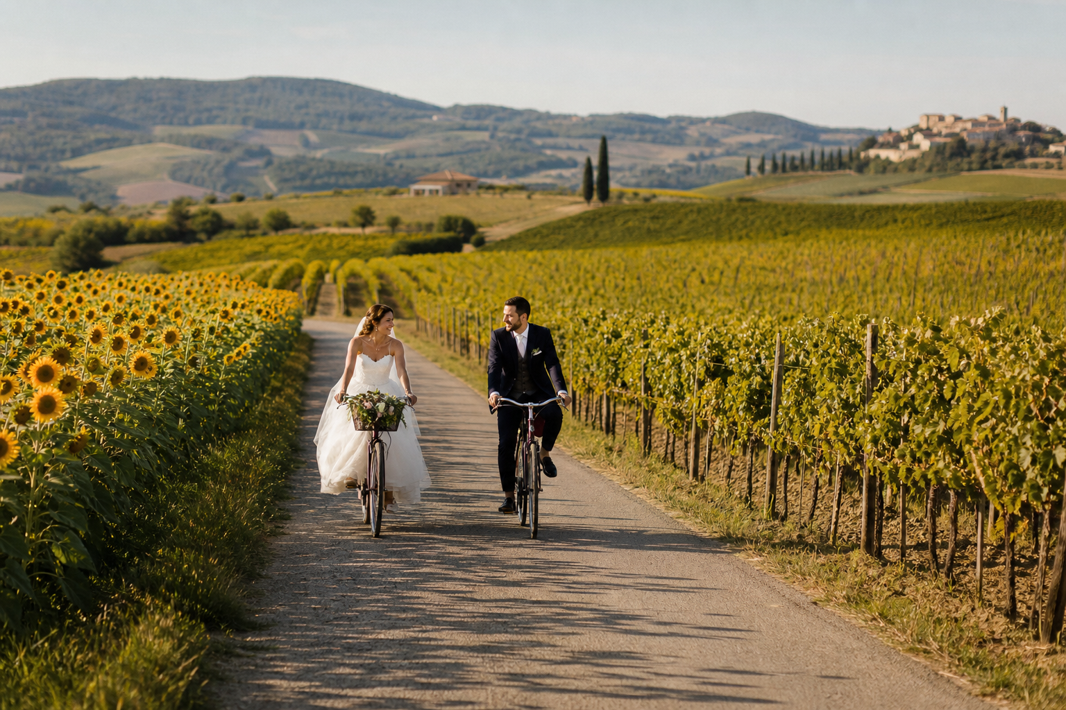 Jeunes mariés à vélo sur une route de campagne bordée de tournesols et de vignes en septembre