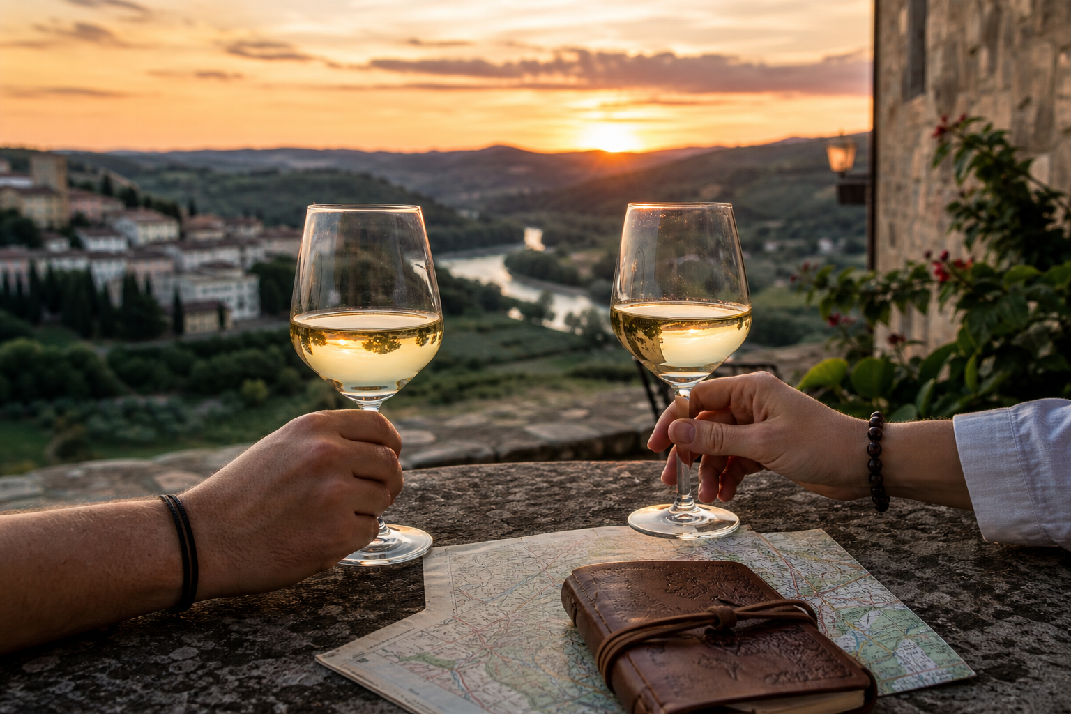 Deux verres de vin tenus par un couple sur une terrasse en pierre au-dessus d'une vallée, avec carnet de voyage et carte sur la table
